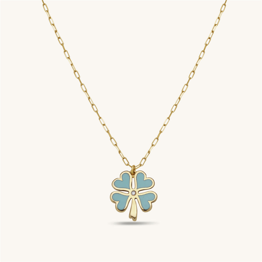 Sky Blue Clover Flower Gold Necklace